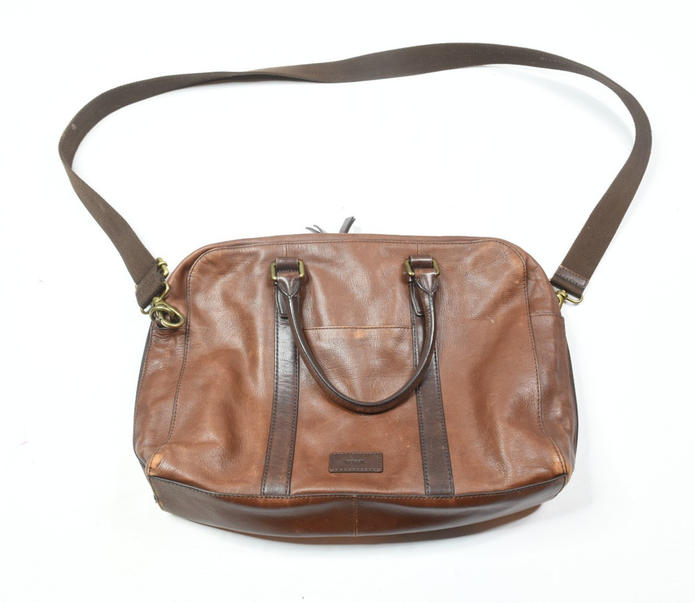 Fossil Evans Workbag Brown Leather Shoulder Strap Adjustable Commuter Travel